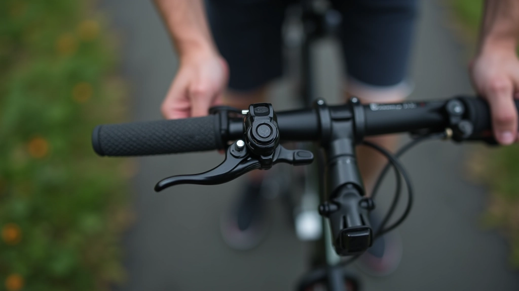 Close-up of bicycle brake levers showing dual brake system with clear labeling of front and rear brakes
