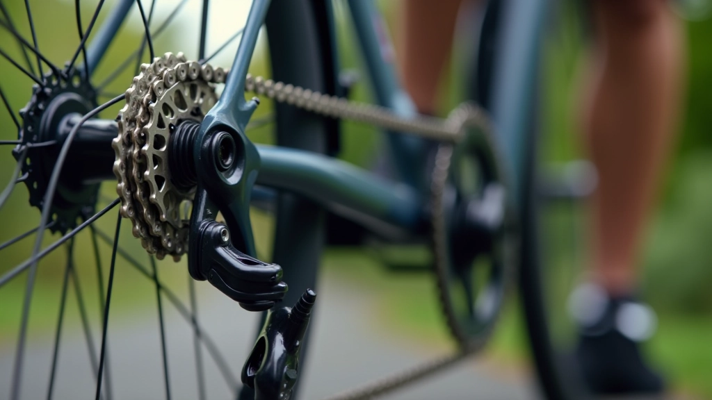 Close-up of bicycle derailleur and chain mechanism, showing gear shifter and chainring, professional mechanical detail shot
