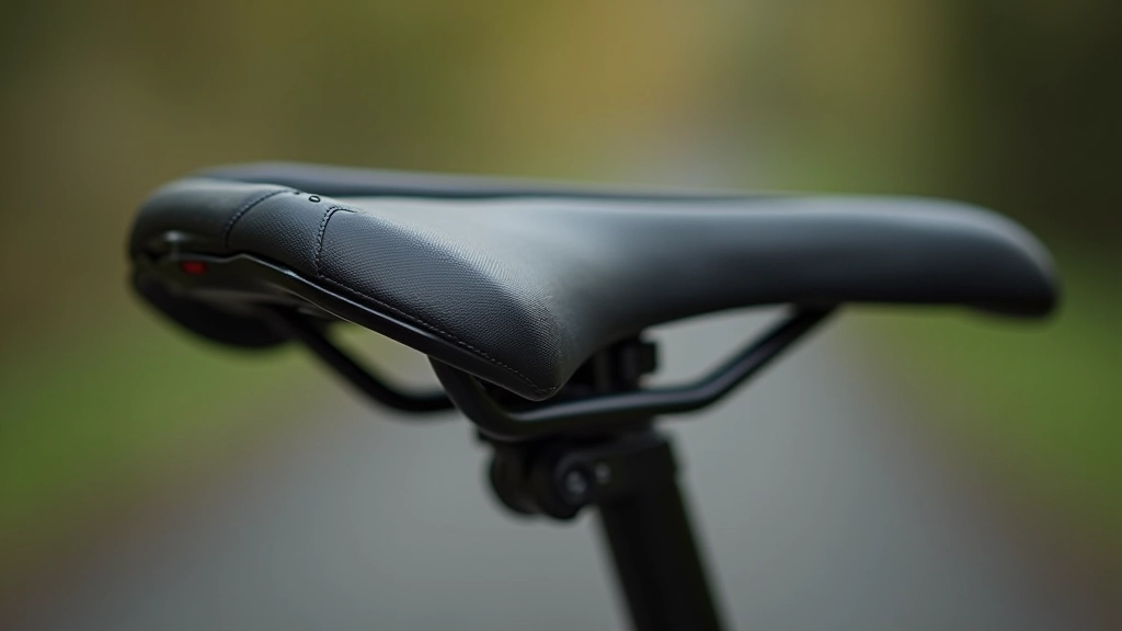 Close-up view of comfortable padded bicycle seat with ergonomic gel design, mounted on bike frame, studio lighting, crisp detail