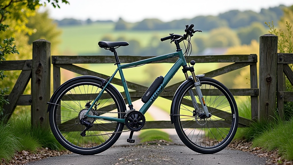 Modern comfort bike leaning against a rustic wooden gate with rolling hills in background