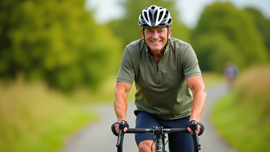 Senior cyclist enjoying a peaceful ride on a flat, scenic cycling path in County Louth