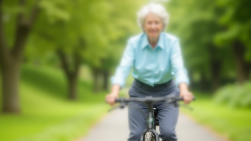 Senior woman in casual clothing standing over a low-step frame bicycle, feet flat on ground, outdoor park setting with trees, portrait from chest down showing frame clearance