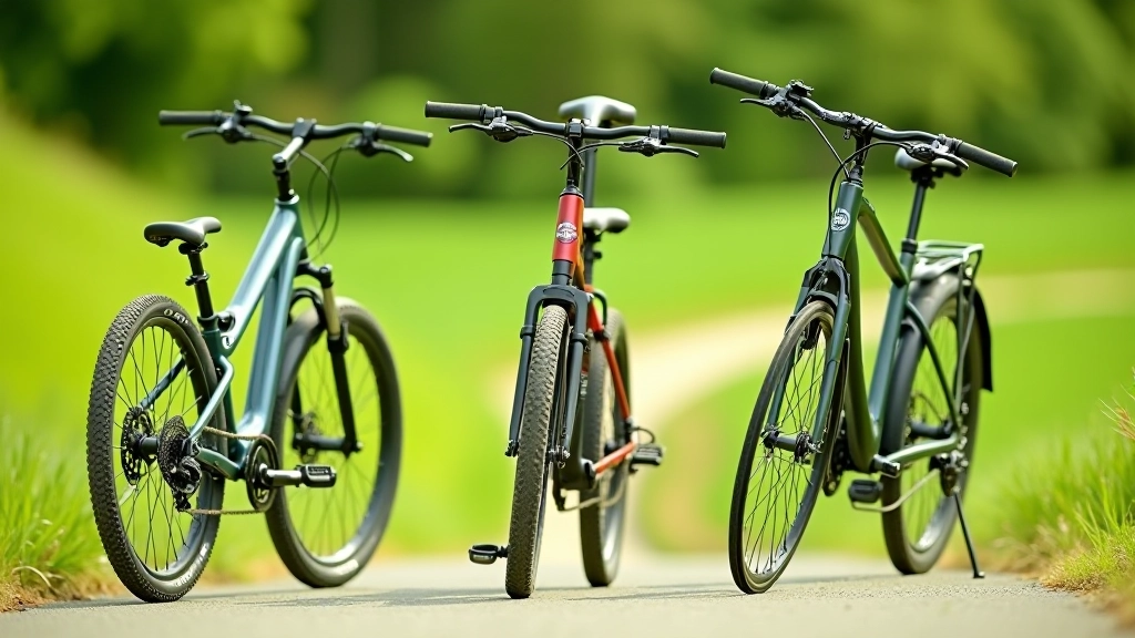 Three different comfortable bicycles lined up side by side showing frame variety, outdoor sunlit setting with green grass background