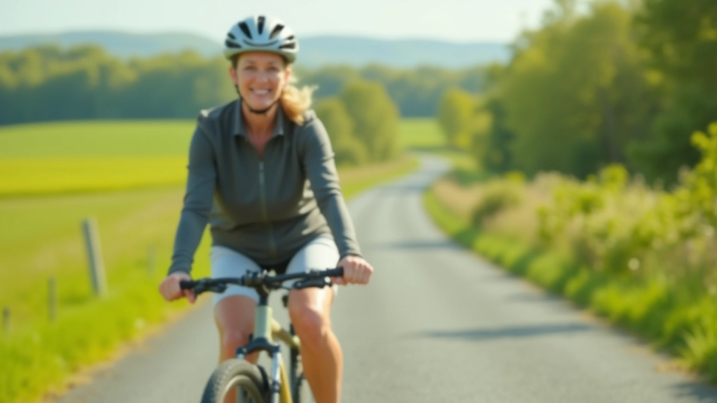 Smiling senior woman on a hybrid bike, wearing a helmet and sunglasses, cycling on a flat paved path with green fields nearby